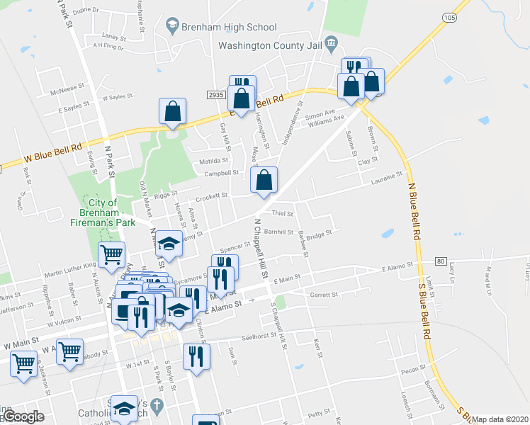 map of restaurants, bars, coffee shops, grocery stores, and more near 902 Thiel Street in Brenham