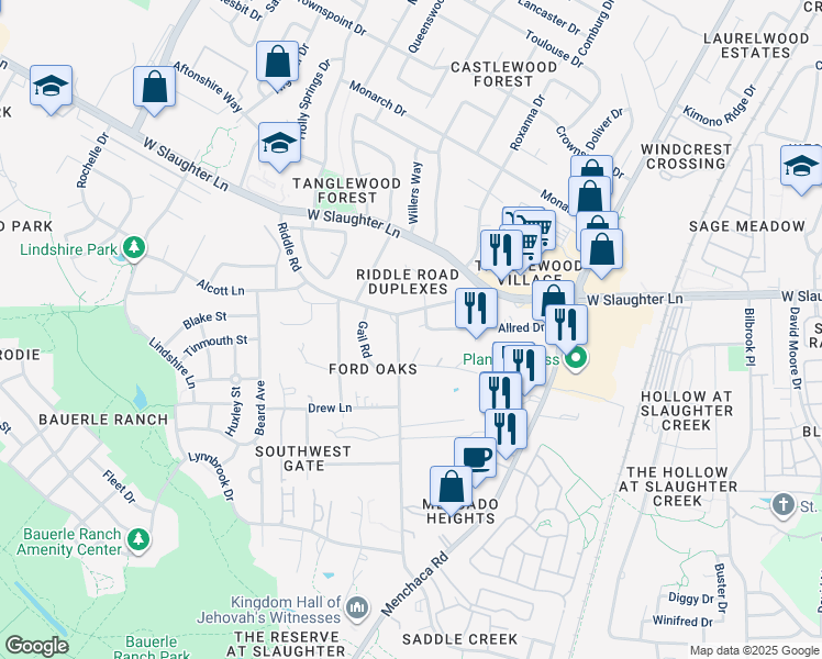 map of restaurants, bars, coffee shops, grocery stores, and more near 10203 Old Manchaca Road in Austin