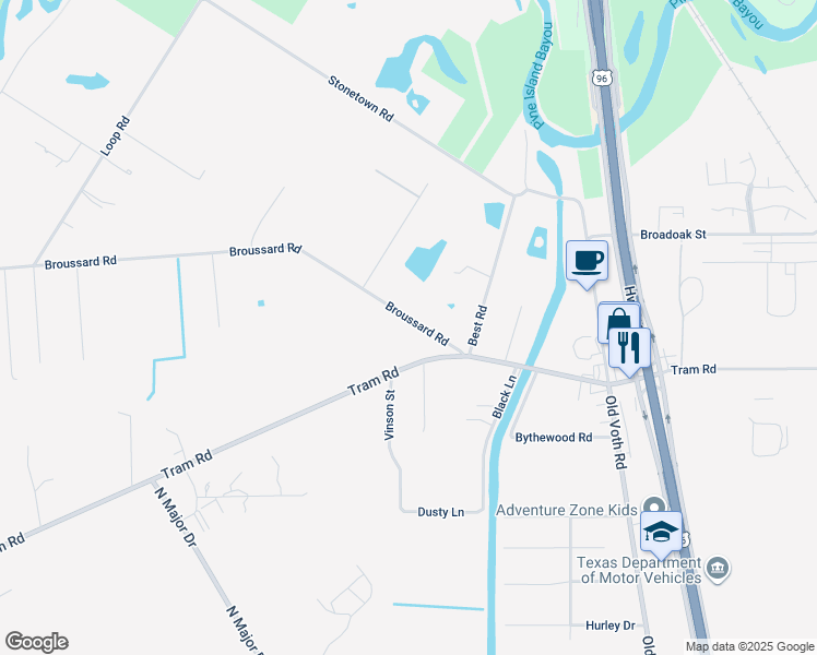 map of restaurants, bars, coffee shops, grocery stores, and more near 7515 Broussard Road in Beaumont