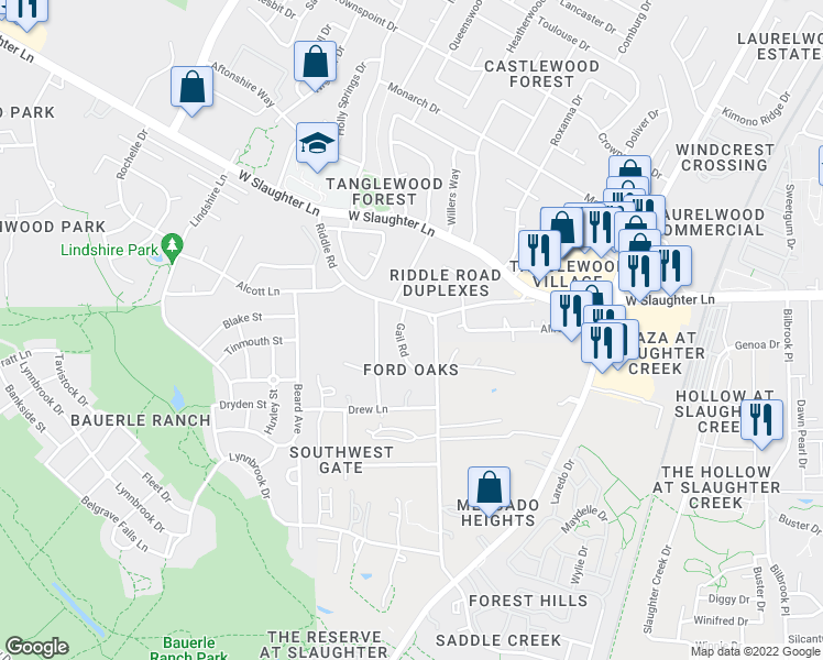 map of restaurants, bars, coffee shops, grocery stores, and more near 10205 Gail Road in Austin