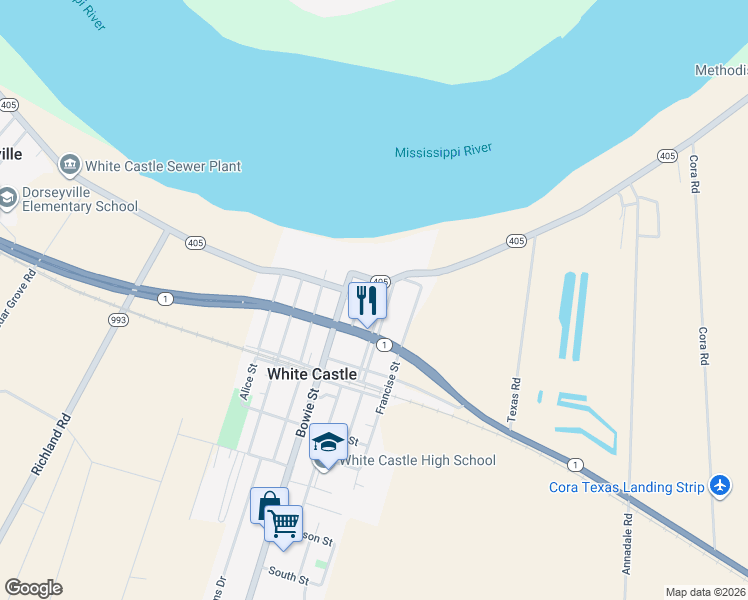 map of restaurants, bars, coffee shops, grocery stores, and more near 54920 Latino Street in White Castle