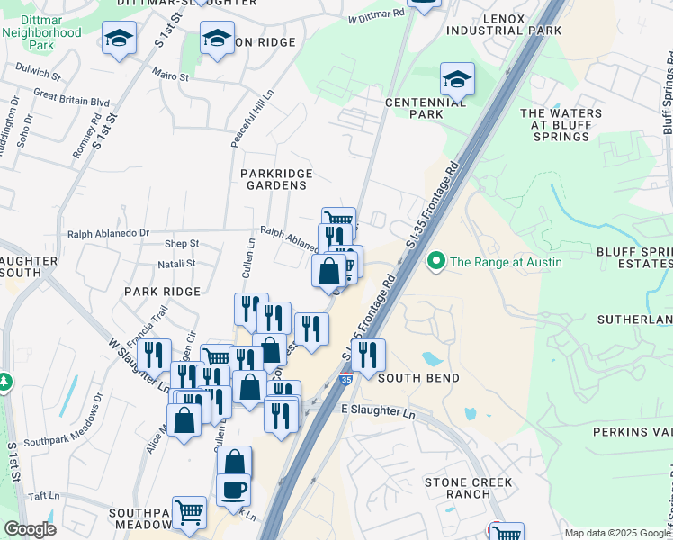 map of restaurants, bars, coffee shops, grocery stores, and more near 8504 South Congress Avenue in Austin