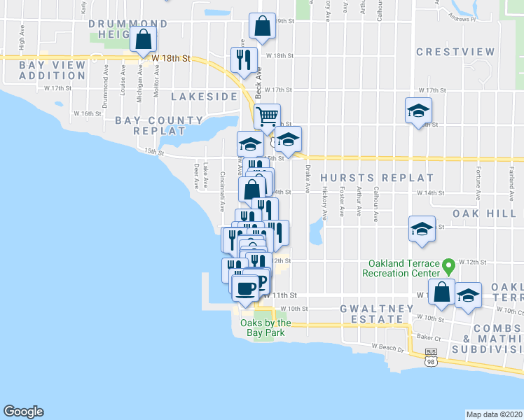 map of restaurants, bars, coffee shops, grocery stores, and more near 1308 Beck Avenue in Panama City