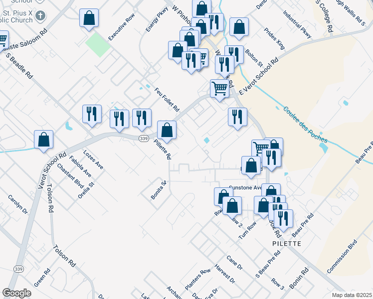 map of restaurants, bars, coffee shops, grocery stores, and more near 110 Coulee Drive in Lafayette