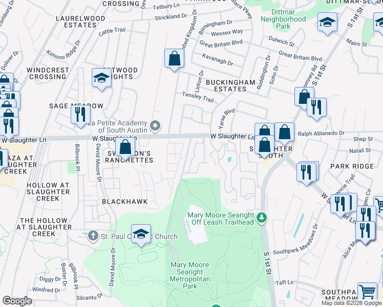 map of restaurants, bars, coffee shops, grocery stores, and more near 9315 Tanager Way in Austin