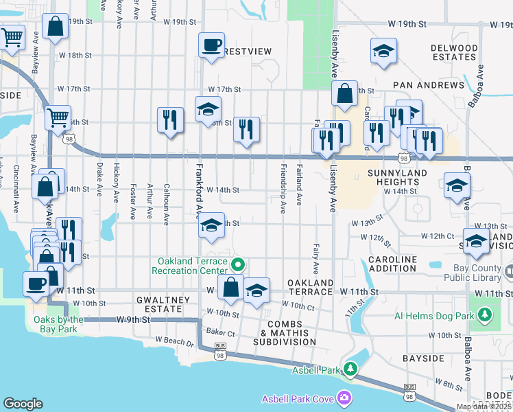 map of restaurants, bars, coffee shops, grocery stores, and more near 1807 Mack Lewis Drive in Panama City