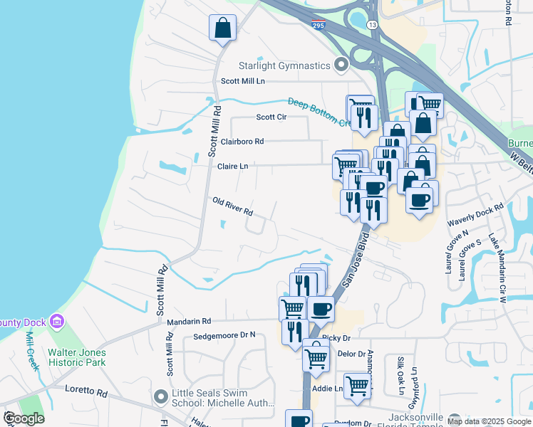 map of restaurants, bars, coffee shops, grocery stores, and more near 11079 River Creek Drive West in Jacksonville