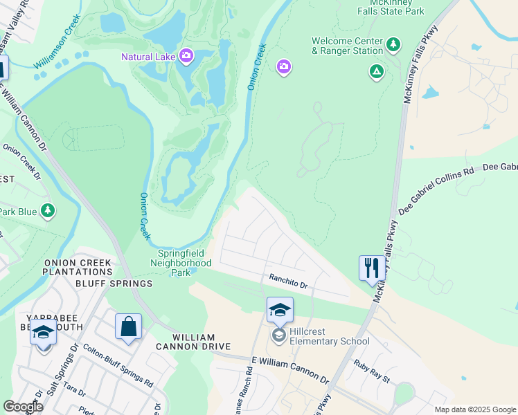 map of restaurants, bars, coffee shops, grocery stores, and more near 6713 Branrust Drive in Austin