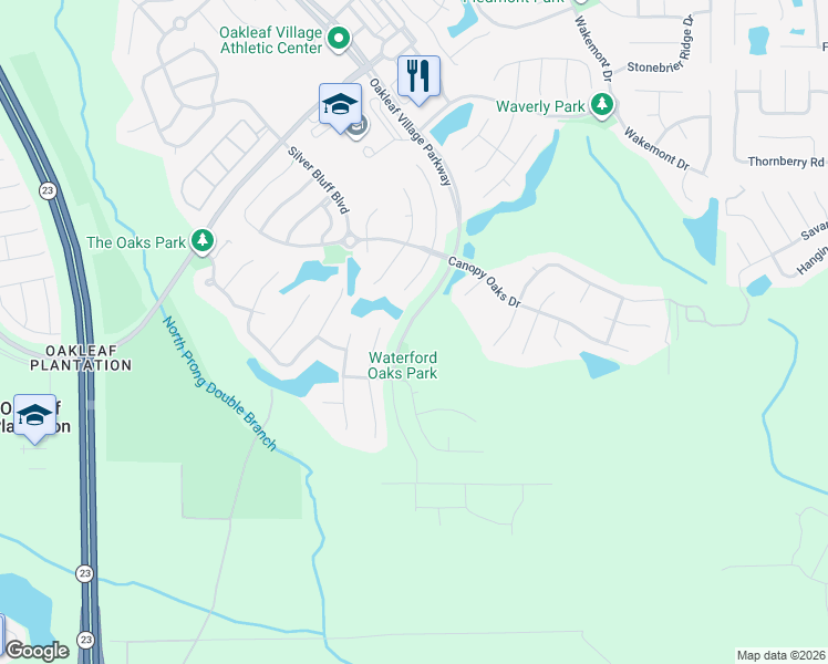 map of restaurants, bars, coffee shops, grocery stores, and more near 1307 Oakleaf Village Parkway in Orange Park
