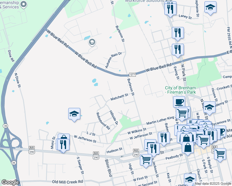 map of restaurants, bars, coffee shops, grocery stores, and more near 808 Matchett Street in Brenham