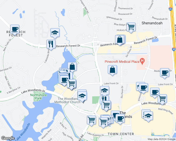 map of restaurants, bars, coffee shops, grocery stores, and more near 1050 Hughes Landing Boulevard in The Woodlands