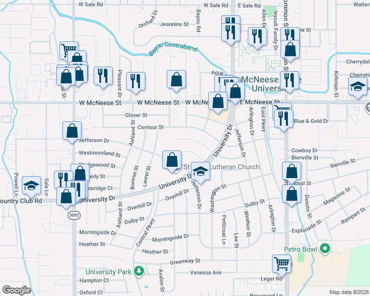 map of restaurants, bars, coffee shops, grocery stores, and more near 224-232 Spring Street in Lake Charles