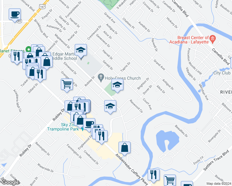 map of restaurants, bars, coffee shops, grocery stores, and more near 609 Broadmoor Blvd in Lafayette