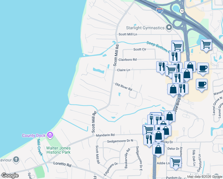 map of restaurants, bars, coffee shops, grocery stores, and more near Scott Mill Road in Jacksonville