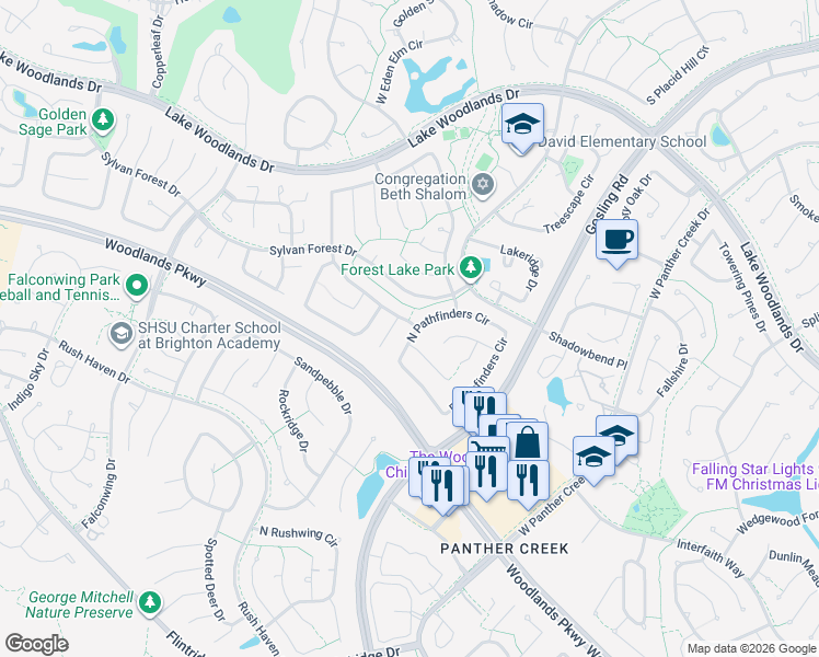 map of restaurants, bars, coffee shops, grocery stores, and more near 11 Thrush Grove Place in Spring