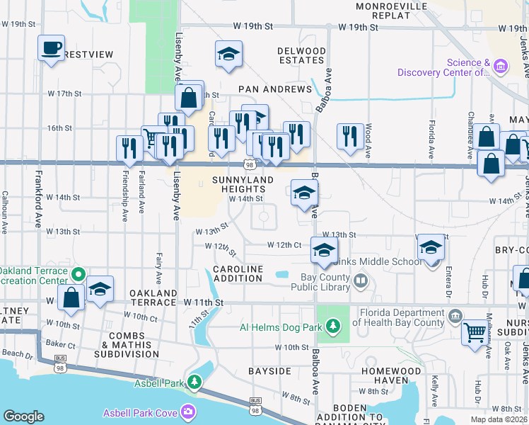 map of restaurants, bars, coffee shops, grocery stores, and more near 1320 Buena Vista Boulevard in Panama City