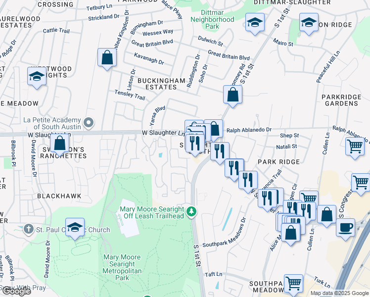 map of restaurants, bars, coffee shops, grocery stores, and more near 707 West Slaughter Lane in Austin