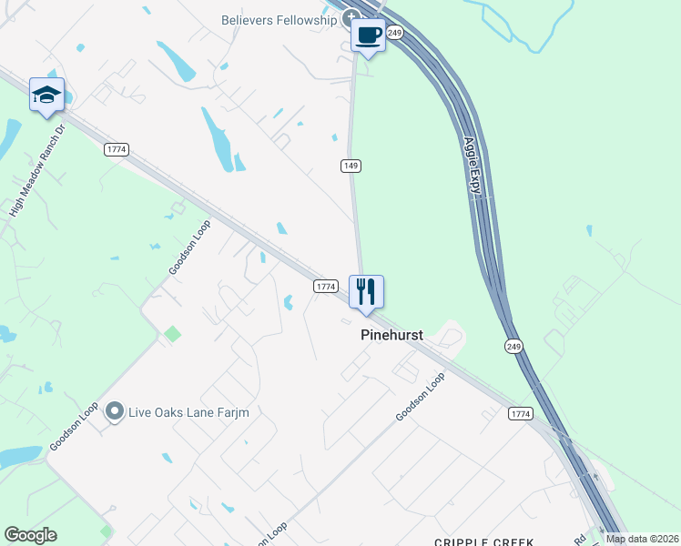 map of restaurants, bars, coffee shops, grocery stores, and more near 35531 Farm to Market 149 in Pinehurst
