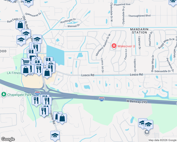 map of restaurants, bars, coffee shops, grocery stores, and more near 4477 Losco Road in Jacksonville