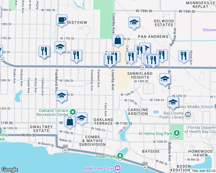 map of restaurants, bars, coffee shops, grocery stores, and more near 1306 Fairy Avenue in Panama City