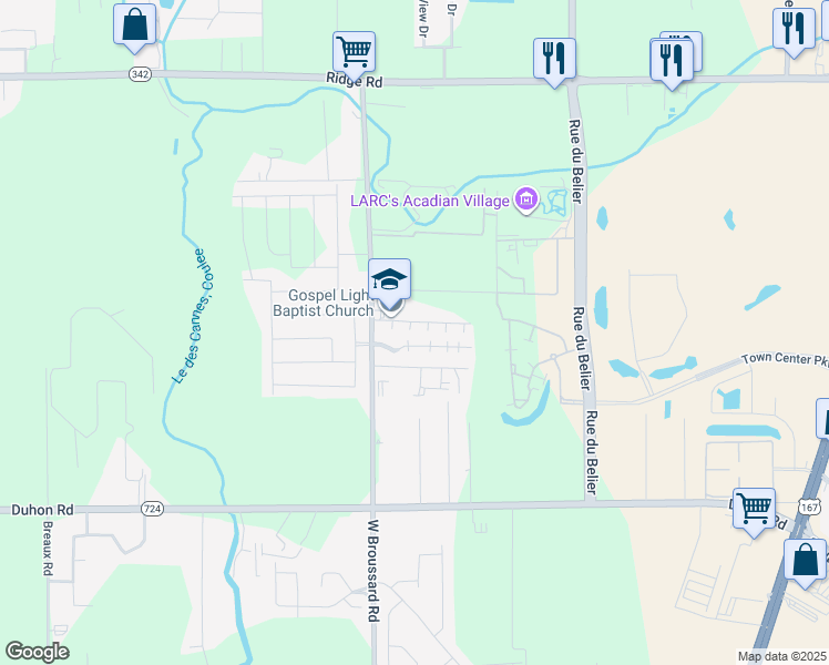 map of restaurants, bars, coffee shops, grocery stores, and more near 107 Southfield Parkway in Lafayette