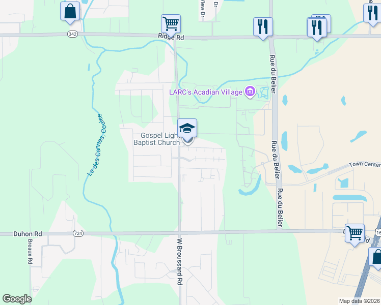 map of restaurants, bars, coffee shops, grocery stores, and more near 107 Southfield Parkway in Lafayette