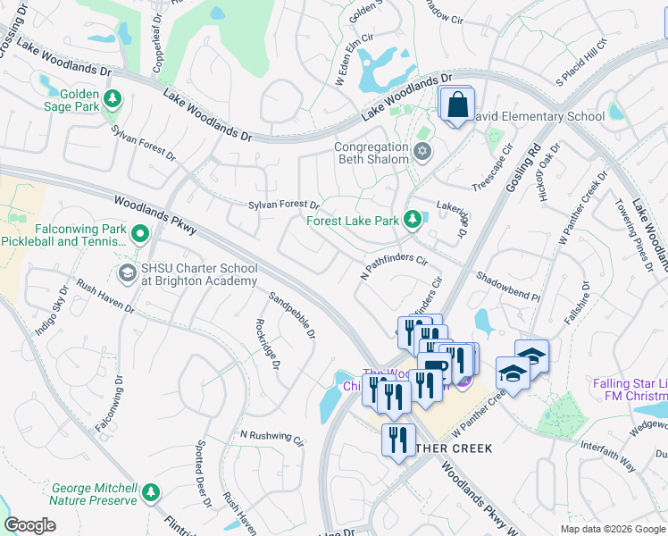 map of restaurants, bars, coffee shops, grocery stores, and more near 106 East Mistybreeze Circle in Spring