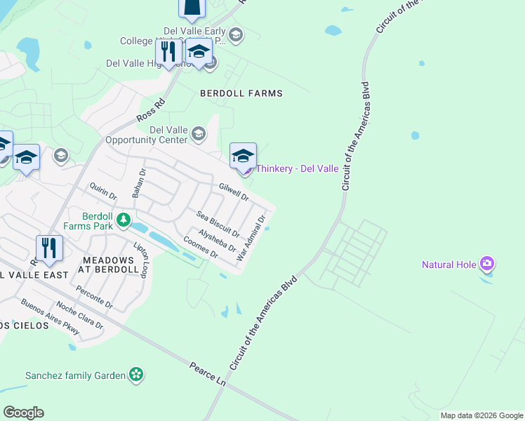 map of restaurants, bars, coffee shops, grocery stores, and more near 5521 Victory Gallop Drive in Del Valle