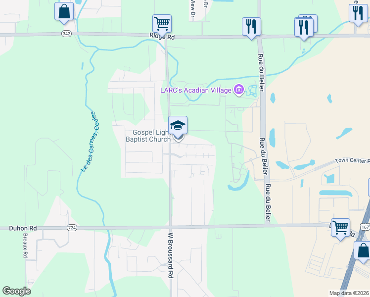 map of restaurants, bars, coffee shops, grocery stores, and more near 107 Southfield Parkway in Lafayette