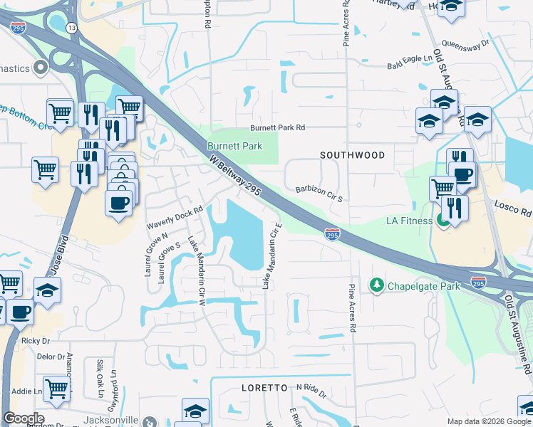 map of restaurants, bars, coffee shops, grocery stores, and more near 3539 Woodwards Cove Court in Jacksonville
