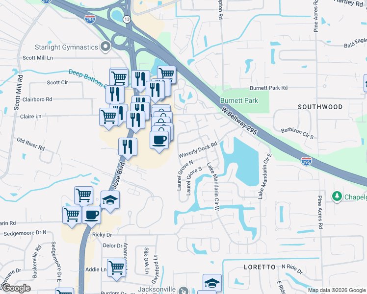 map of restaurants, bars, coffee shops, grocery stores, and more near 3331 Waverly Dock Road in Jacksonville