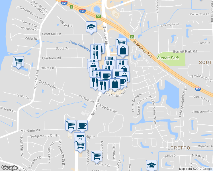map of restaurants, bars, coffee shops, grocery stores, and more near 11117 San Jose Boulevard in Jacksonville