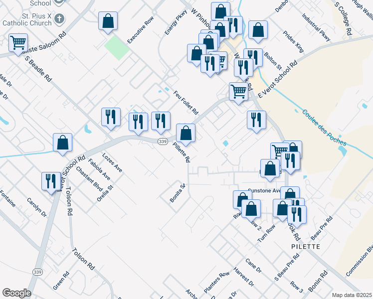 map of restaurants, bars, coffee shops, grocery stores, and more near 109 Pillette Road in Lafayette