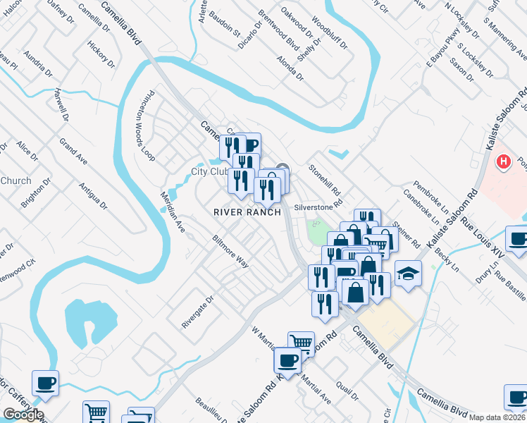 map of restaurants, bars, coffee shops, grocery stores, and more near 625 Silverstone Road in Lafayette