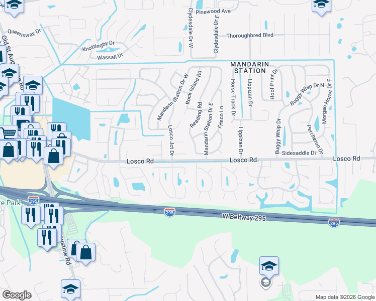 map of restaurants, bars, coffee shops, grocery stores, and more near 4748 Southern Pacific Drive in Jacksonville