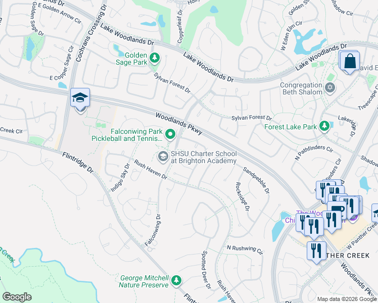 map of restaurants, bars, coffee shops, grocery stores, and more near 11 Elk Crossing Drive in Spring