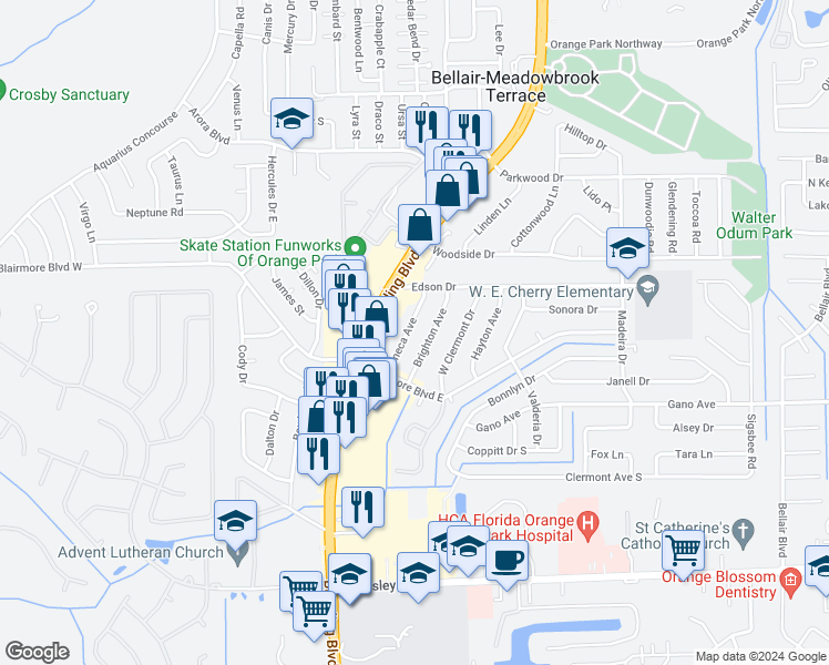 map of restaurants, bars, coffee shops, grocery stores, and more near 454 Brighton Avenue in Orange Park