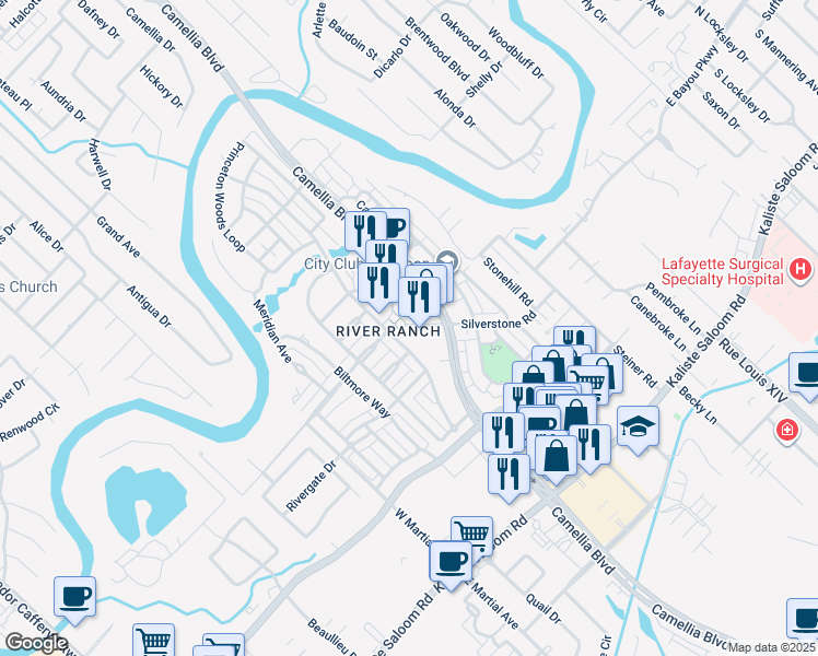 map of restaurants, bars, coffee shops, grocery stores, and more near 625 Silverstone Road in Lafayette