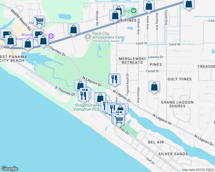 map of restaurants, bars, coffee shops, grocery stores, and more near 9001-9129 North Lagoon Drive in Panama City