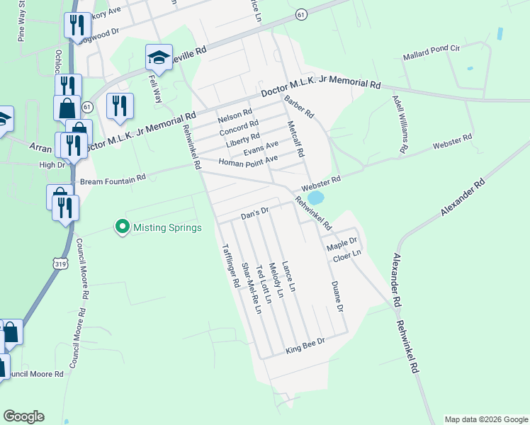 map of restaurants, bars, coffee shops, grocery stores, and more near 4 Lance Lane in Crawfordville