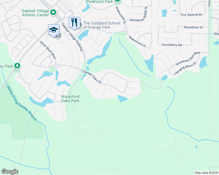 map of restaurants, bars, coffee shops, grocery stores, and more near 968 Misty Maple Court in Orange Park
