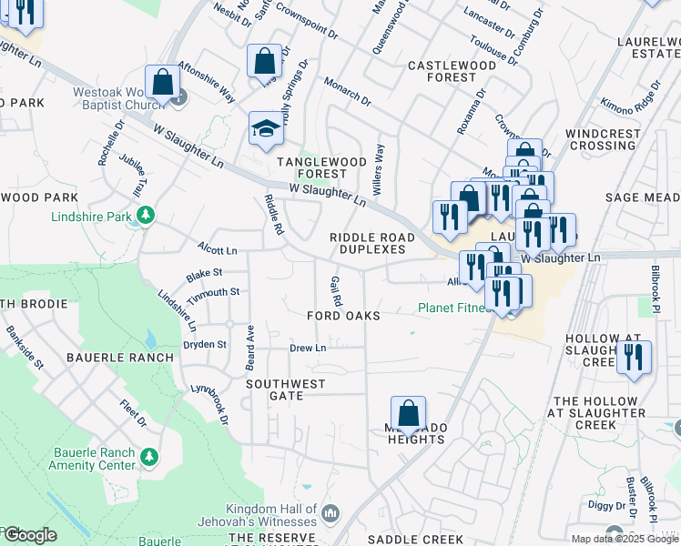 map of restaurants, bars, coffee shops, grocery stores, and more near 10203 Gail Road in Austin