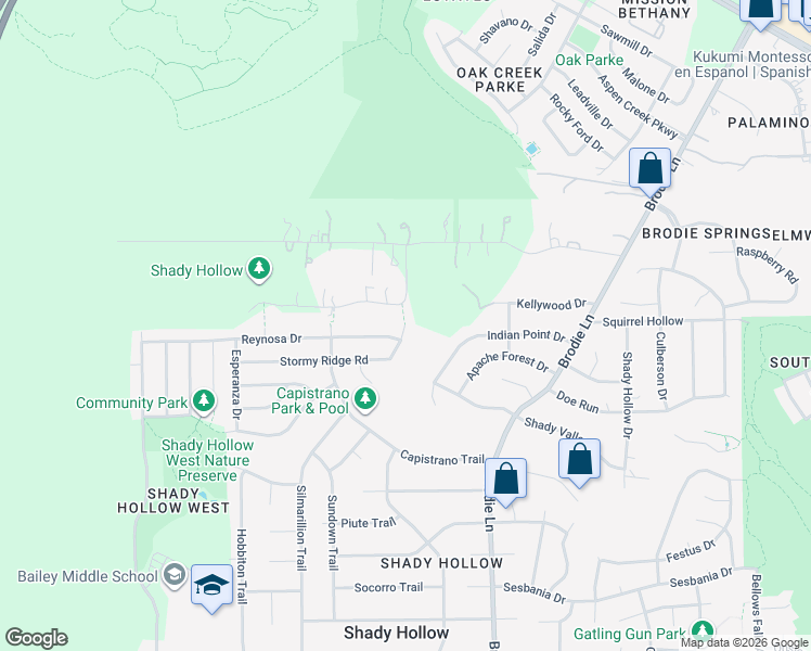 map of restaurants, bars, coffee shops, grocery stores, and more near 11109 Stormy Ridge Rd in Austin