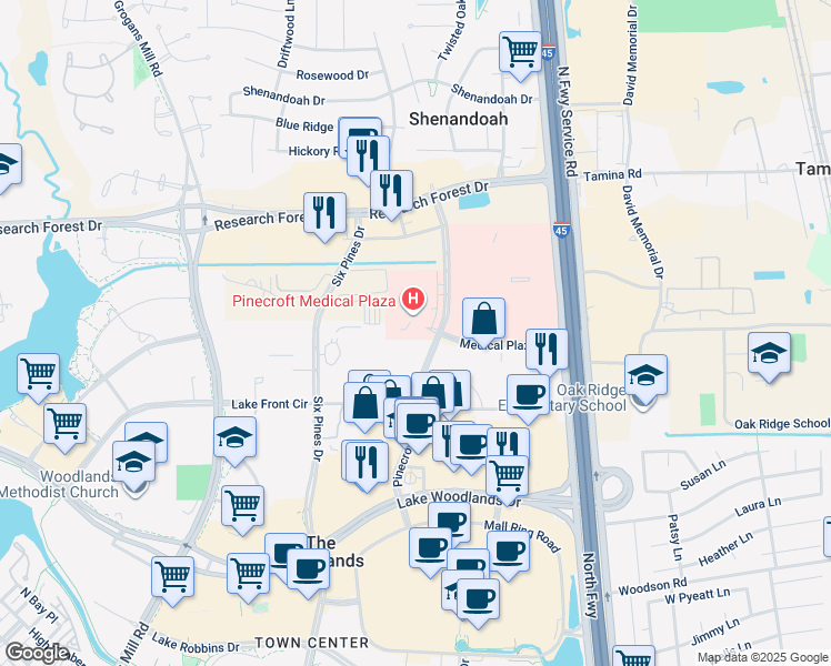 map of restaurants, bars, coffee shops, grocery stores, and more near 9305 Pinecroft Drive in Spring