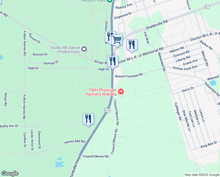 map of restaurants, bars, coffee shops, grocery stores, and more near 3128 Crawfordville Highway in Crawfordville