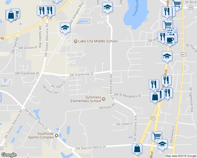 map of restaurants, bars, coffee shops, grocery stores, and more near 935 Southwest Brookdale Drive in Lake City