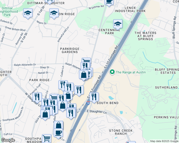 map of restaurants, bars, coffee shops, grocery stores, and more near 8601 Ralph Ablanedo Drive in Austin