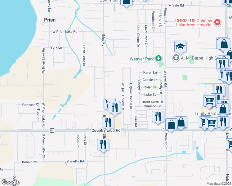 map of restaurants, bars, coffee shops, grocery stores, and more near 4700 W Quail Hollow Dr in Lake Charles