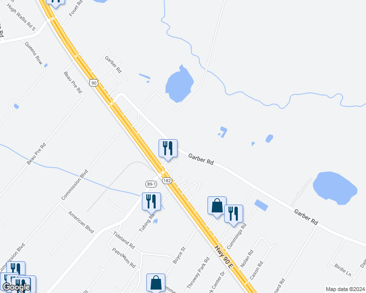 map of restaurants, bars, coffee shops, grocery stores, and more near 405 Garber Road in Broussard