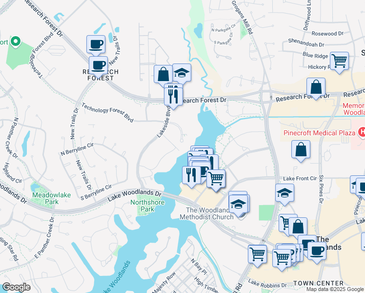 map of restaurants, bars, coffee shops, grocery stores, and more near 2445 Technology Forest Boulevard in The Woodlands
